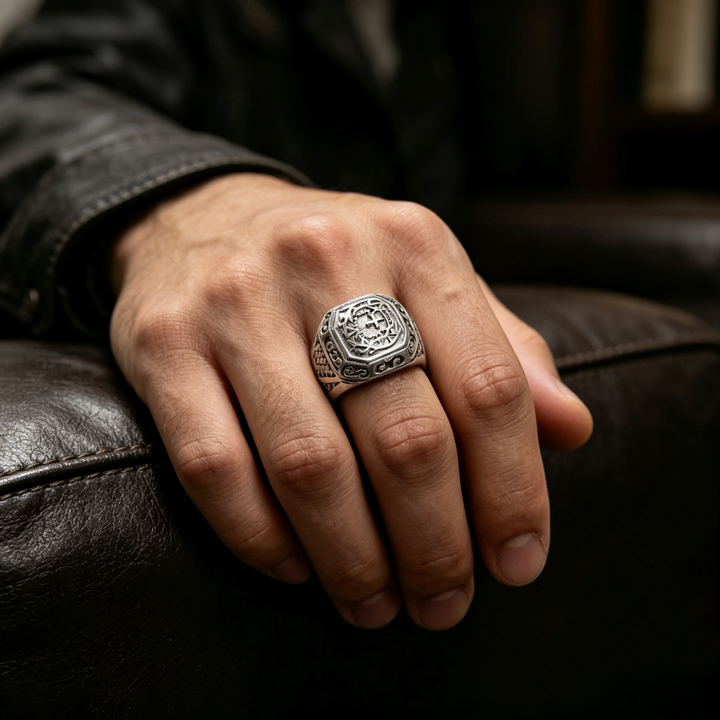 Vintage Embossed Cross Floral Hexagon Signet Ring, S925 Silver Antiqued European Royal Wide Band For Men