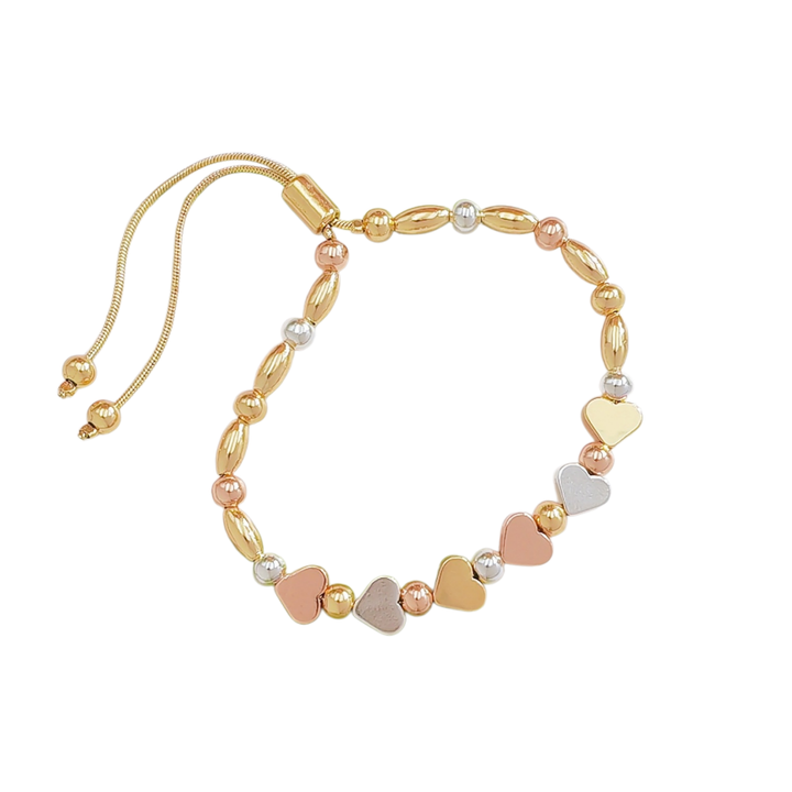 Tri‑Color Metal Beaded Adjustable Bracelet, Heart/Star/Four‑Leaf Clover Styles
