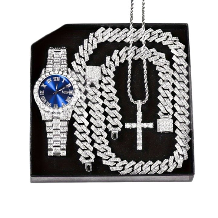 Men's Iced Out Jewelry 4-Piece Set, Hip Hop Diamond Watch with Calendar + Cuban Bracelet + Cross Pendant Necklace Gift Set