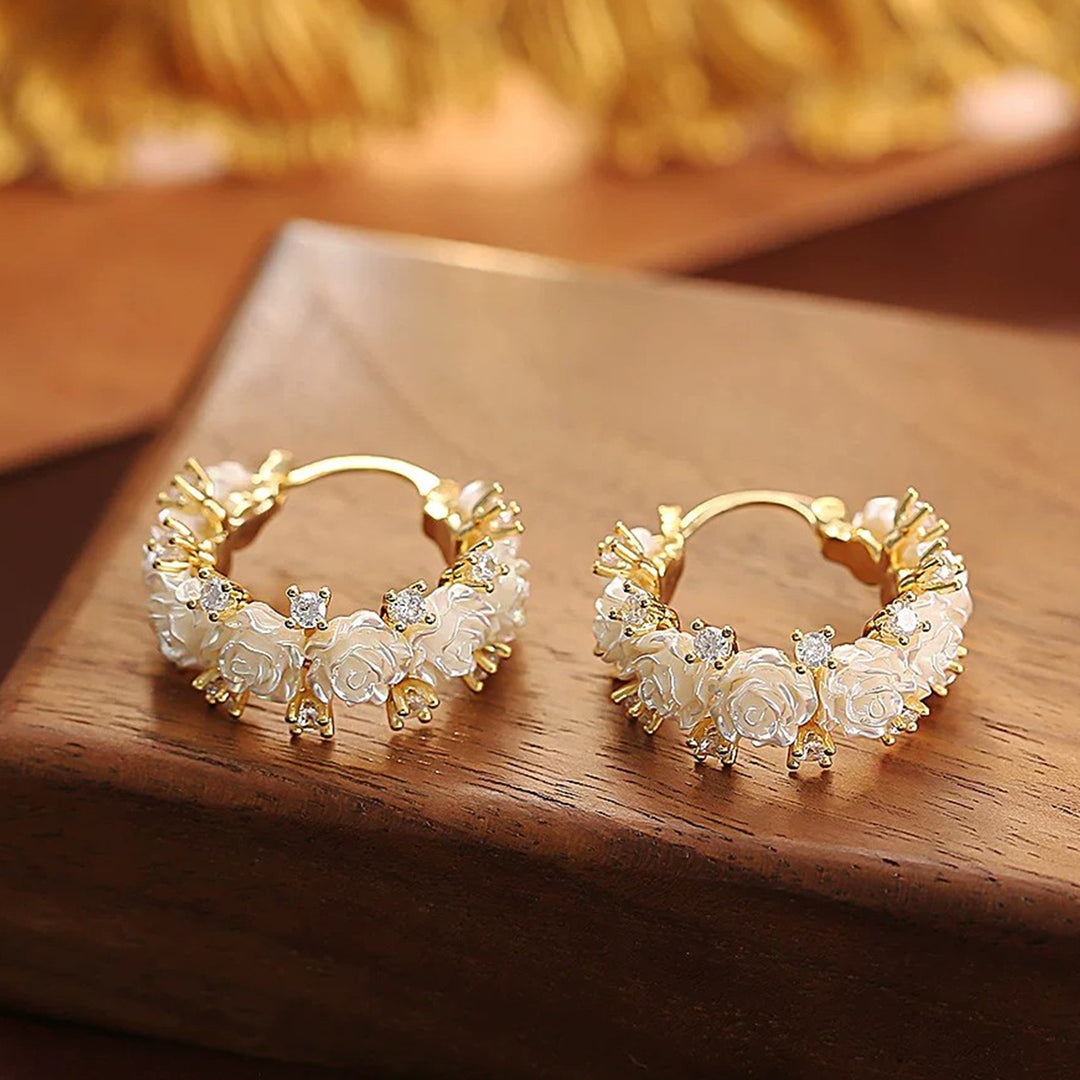 White Rose Wreath Hoop Earrings, Gentle 3D Rose Diamond Circle Earrings, Gold Luxury Earrings