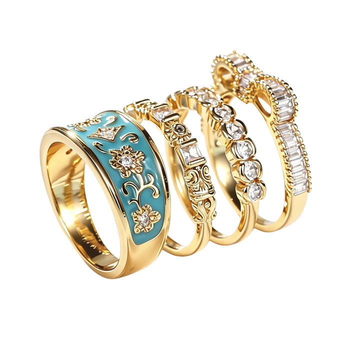 French Enamel Floral Pave Diamond 4-Piece Stackable Ring Set, Solid S925 Silver Gold Tone Vintage Palace Band Set