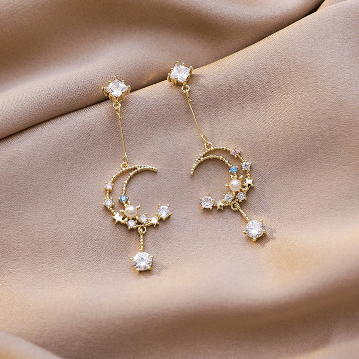 S925 Silver Star & Moon Color Diamond Pearl Drop Earrings, Dreamy Hollow Crescent Long Dangle Earrings