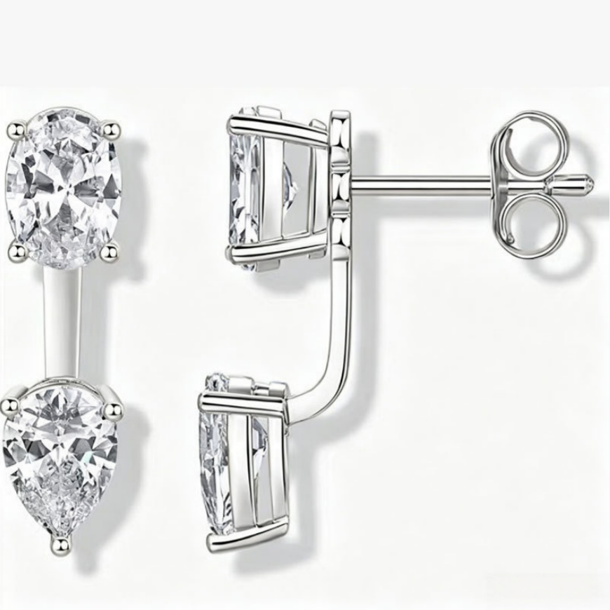 Front & Back Dual Diamond S925 Silver Stud Earrings, Oval & Pear Cut Diamond Two-Wear Luxury Earrings, Gold & Silver Two Tones