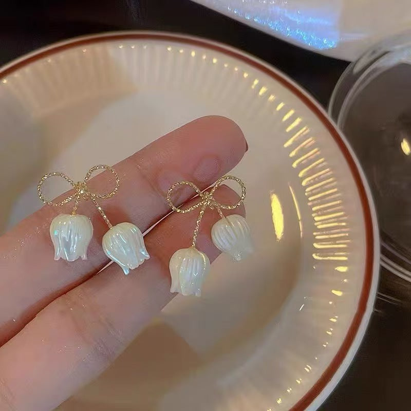 S925 Silver Bowknot Lily of The Valley Dangle Earrings, Gentle Style White Flower Long Drop Earrings