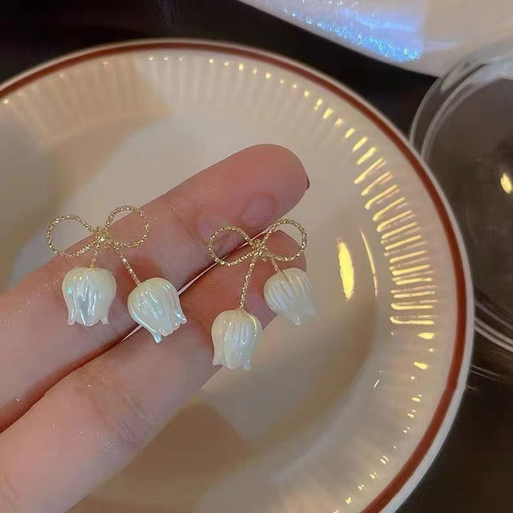 S925 Silver Bowknot Lily of The Valley Dangle Earrings, Gentle Style White Flower Long Drop Earrings