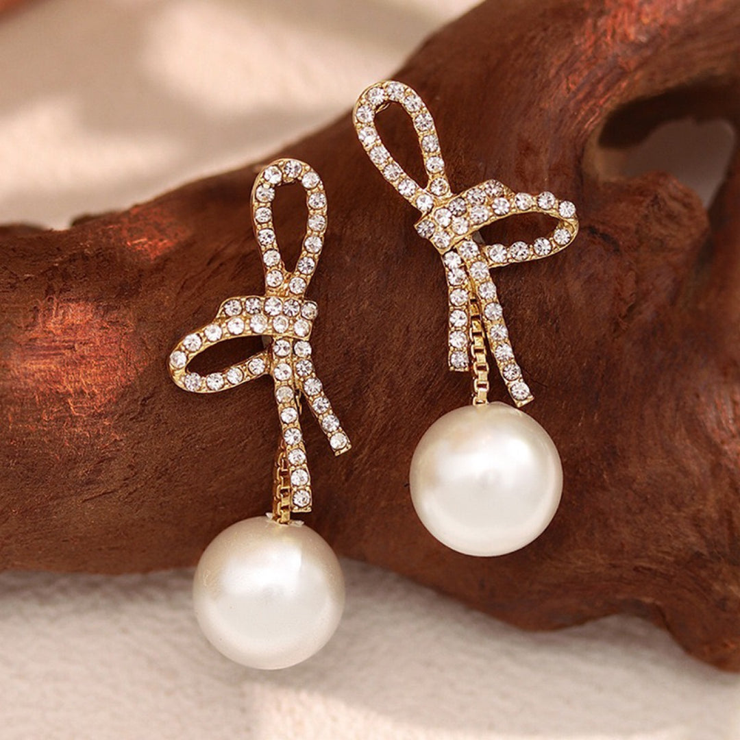 Paved Crystal Bow Pearl Drop Stud Earrings, Sweet Luxury Bow Dangle Pearl Earrings