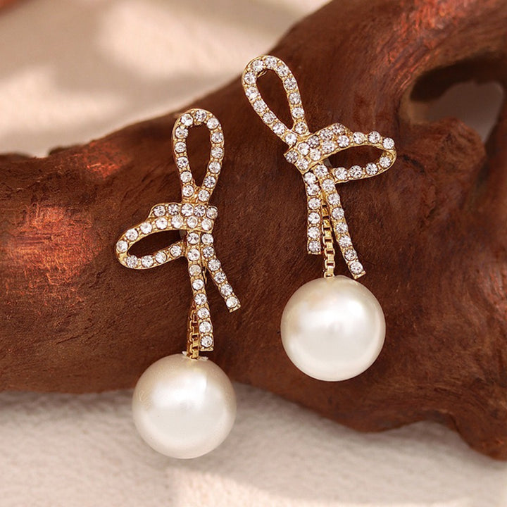 Paved Crystal Bow Pearl Drop Stud Earrings, Sweet Luxury Bow Dangle Pearl Earrings
