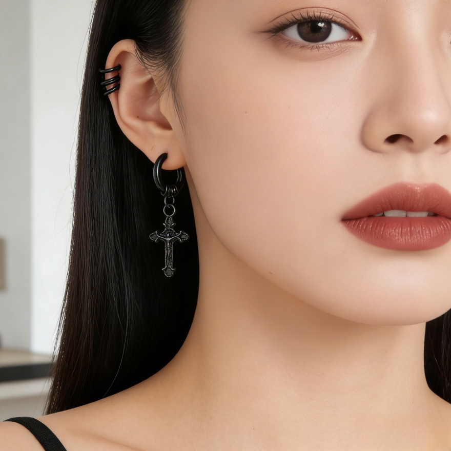 Gothic Cross Dangle Huggie Earrings (Light Luxury Niche Edgy Earrings)