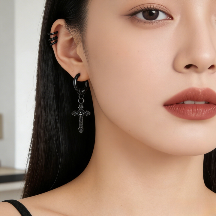 Gothic Cross Dangle Huggie Earrings (Light Luxury Niche Edgy Earrings)