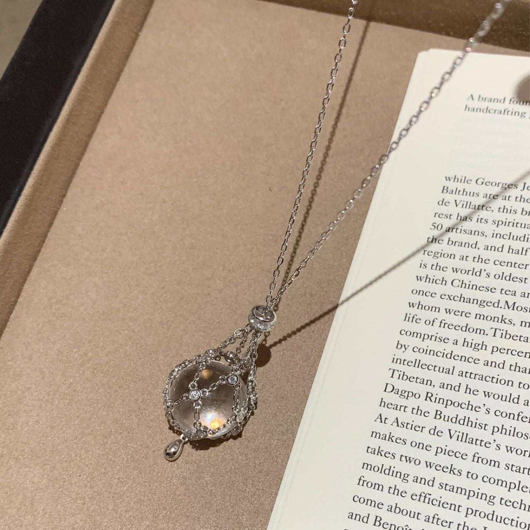 Crystal Ball "Wish Net" Pendant Necklace (Minimalist Silver Tone Clavicle Chain)