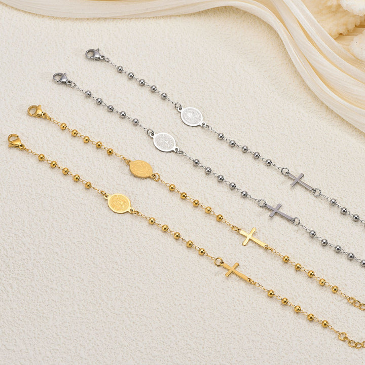 Beaded Chain Cross & Saint Medal Bracelet, Gold & Silver Minimal Religious Jewelry