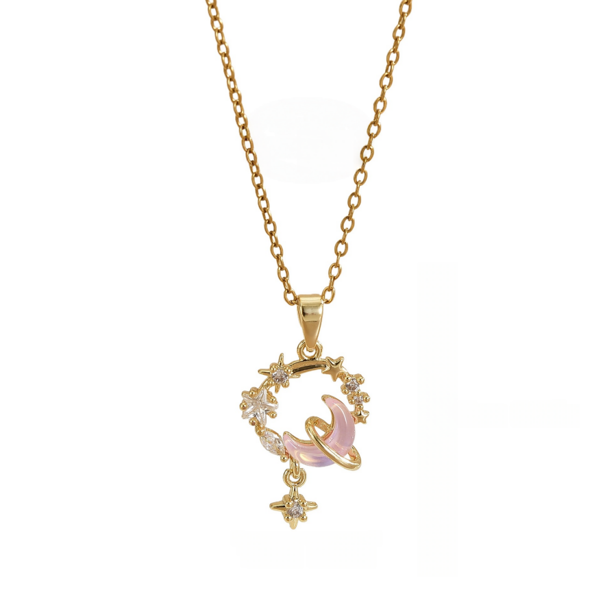 Dreamy Star & Moon Pink Diamond Wreath Necklace, Luxury Diamond Elegant Gold Clavicle Chain for Women