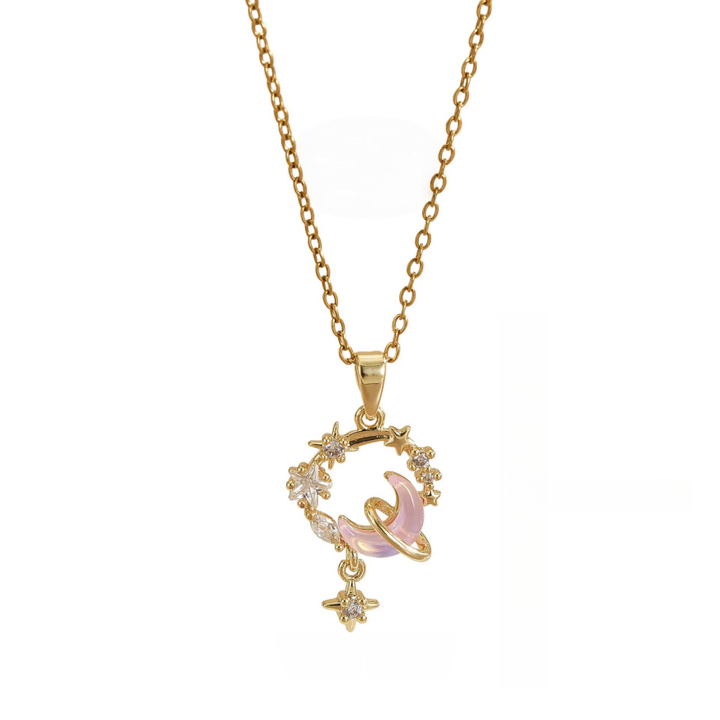 Dreamy Star & Moon Pink Diamond Wreath Necklace, Luxury Diamond Elegant Gold Clavicle Chain for Women