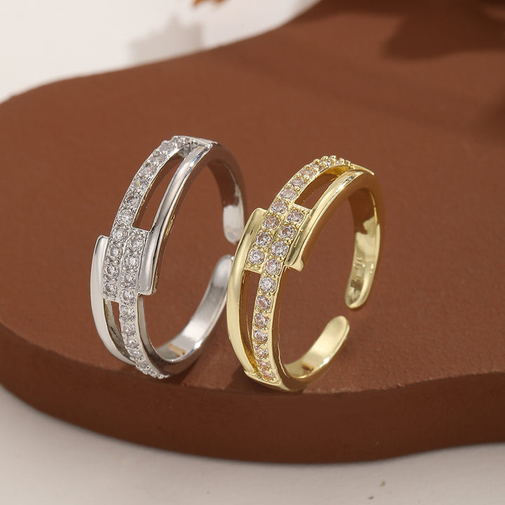 Double Layer Pave Cross Open Ring (2 Colors Delicate Adjustable Band)