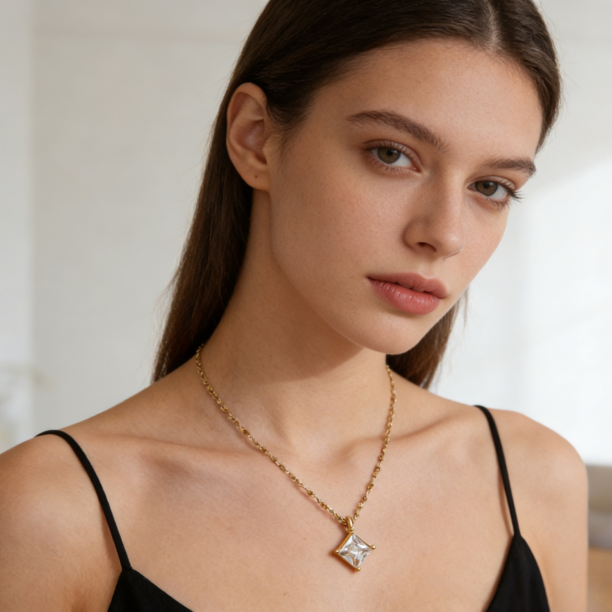 Single Square Diamond Prong-Set Necklace (Gold Tone Shimmer Chain Pendant)