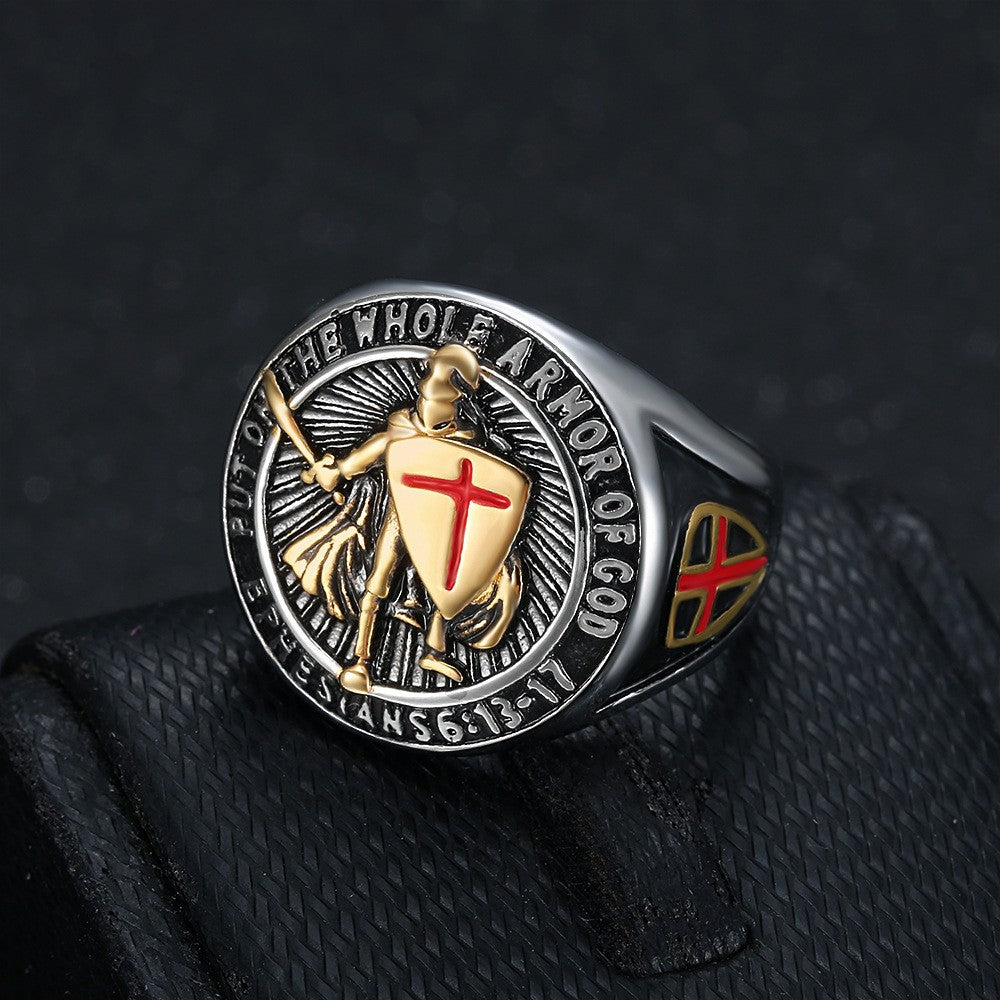 Templar Knight Cross Armor Embossed Round Signet Ring, S925 Silver Gold & Silver Two-Tone Vintage Religious Men’s Band