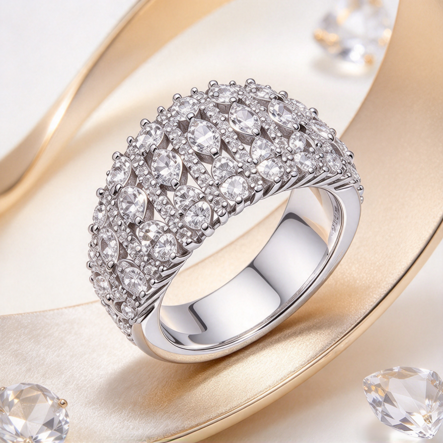 Wide Intertwined Full Stone S925 Silver Ring, Luxurious Banquet Band