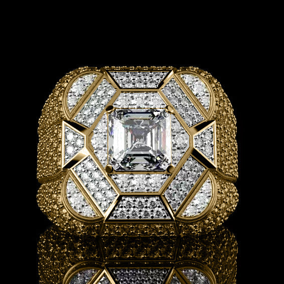 Geometric Mosaic Pave Diamond Square Center Stone Men’s Gold Ring, Solid S925 Silver Gold-Plated Heavy Wide Statement Band for Men