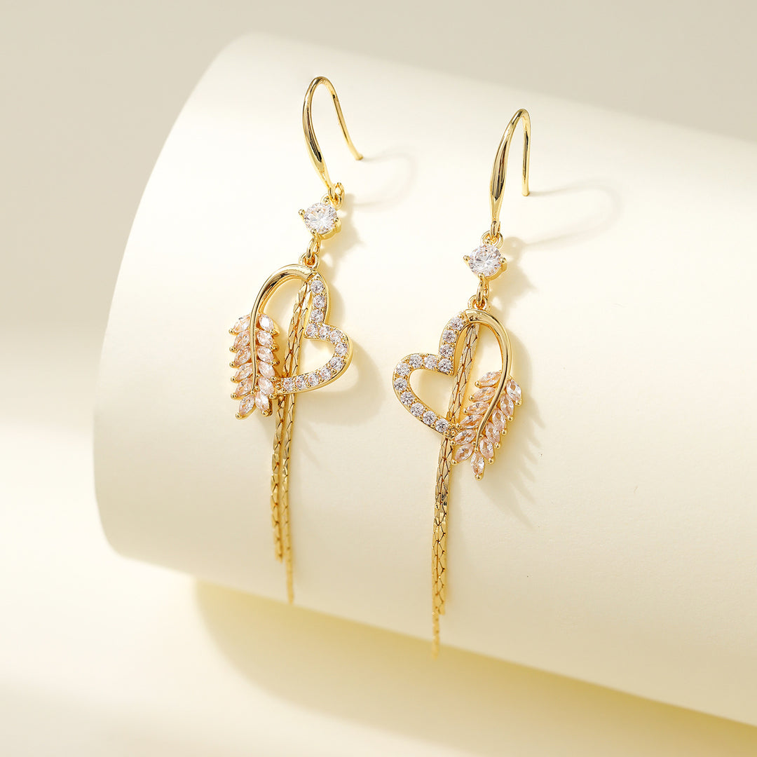 Wheat Ear & Pave Diamond Heart Long Tassel Hook Earrings