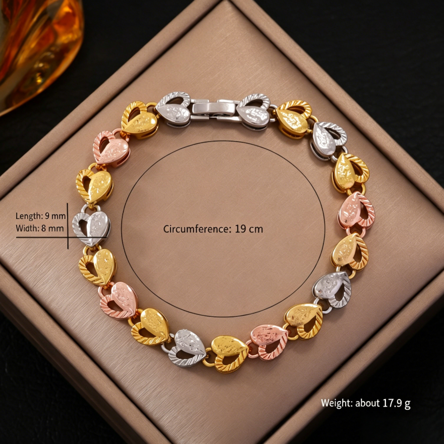 Textured Heart Link Bracelet, 3 Colors Hollow Love Chain for Women