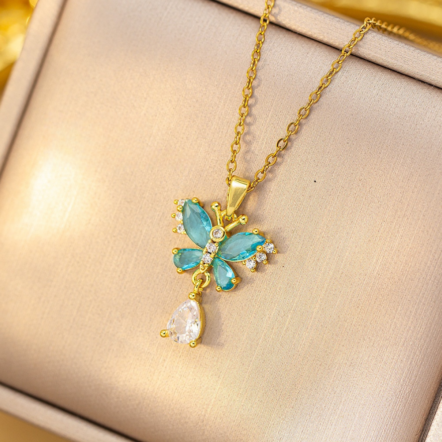 Double Butterfly Colored Diamond & Teardrop Pendant Choker (Sweet-Cool Girlish Heart Light Luxury Style)