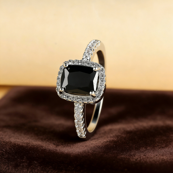 Black Cushion Cut Halo Ring (Light Luxury Niche Edgy Band)
