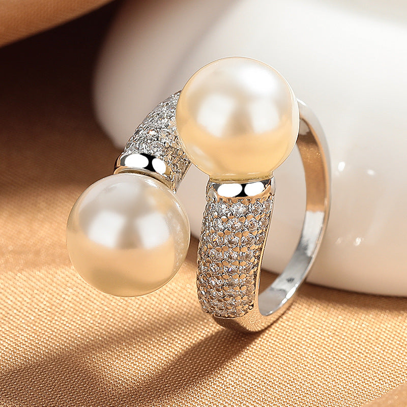 S925 Silver Double Pearl Open Ring, Luxury Paved Cross Pearl Ring for Women
