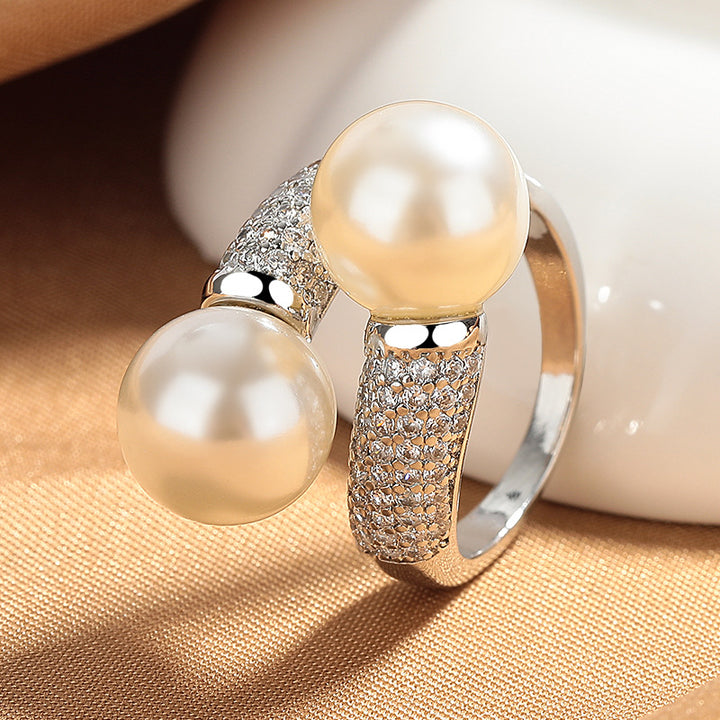 S925 Silver Double Pearl Open Ring, Luxury Paved Cross Pearl Ring for Women