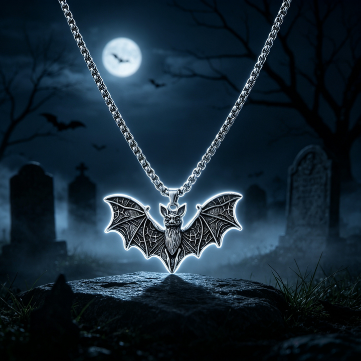 Vintage Gothic Bat Pendant Necklace, Antique Metal Dark Style Halloween Jewelry