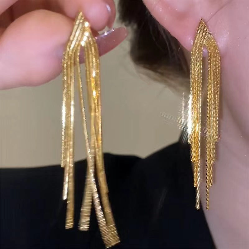 Multi-Layer Gold Tassel Long Earrings, Snake Chain Dangle Slimming Elegant Gold Drop Jewelry