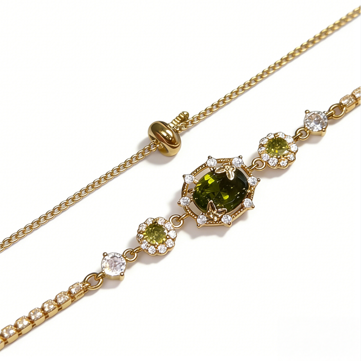 Olive Green Vintage Gemstone Jewelry Set (Necklace/Bracelet/Earrings Options)