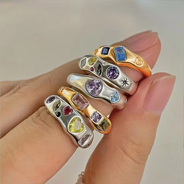 Irregular Curved Color‑Stone Open‑Band S925 Sterling Silver Ring, Multiple Colors Available