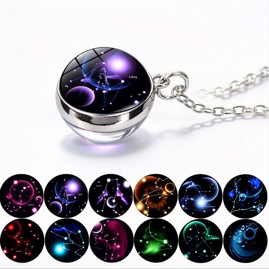 12 Constellations Double‑Sided Glass Ball Pendant Necklace