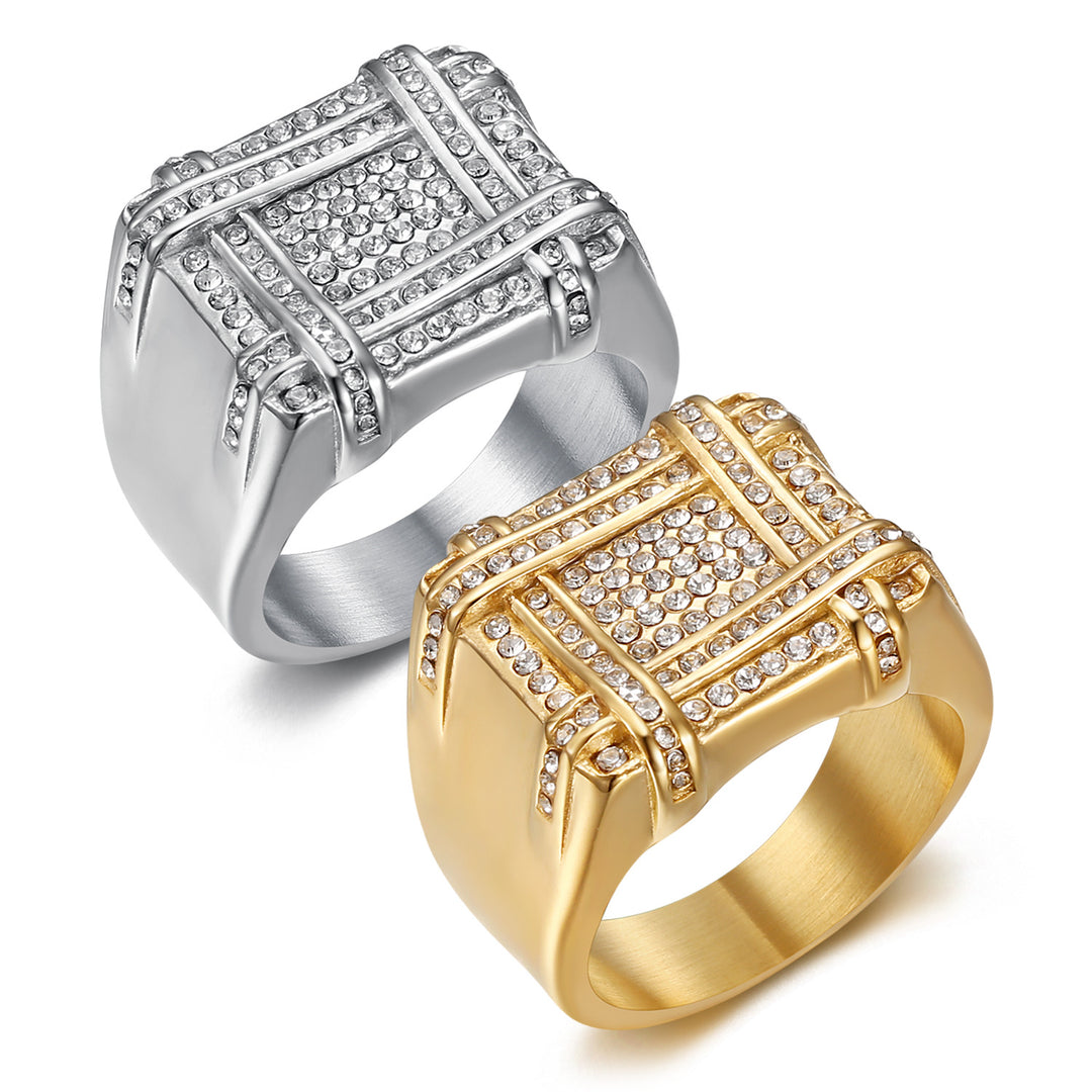 Paved Grid Square Wide Signet Ring, S925 Silver 14K Gold Plated Heavy Luxury Unisex Statement Band