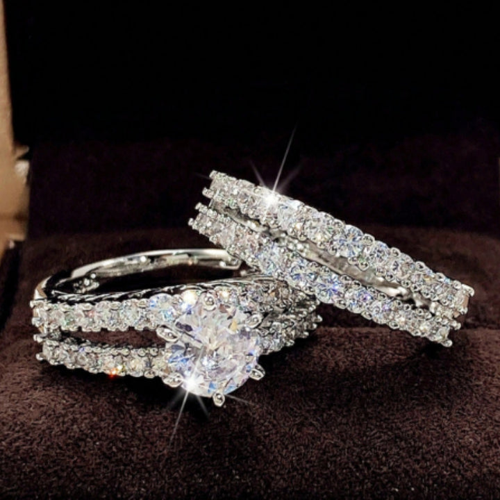 3-Row Pavé Center Stone Engagement Ring Set (Luxury Stackable Proposal Band 3-Piece)