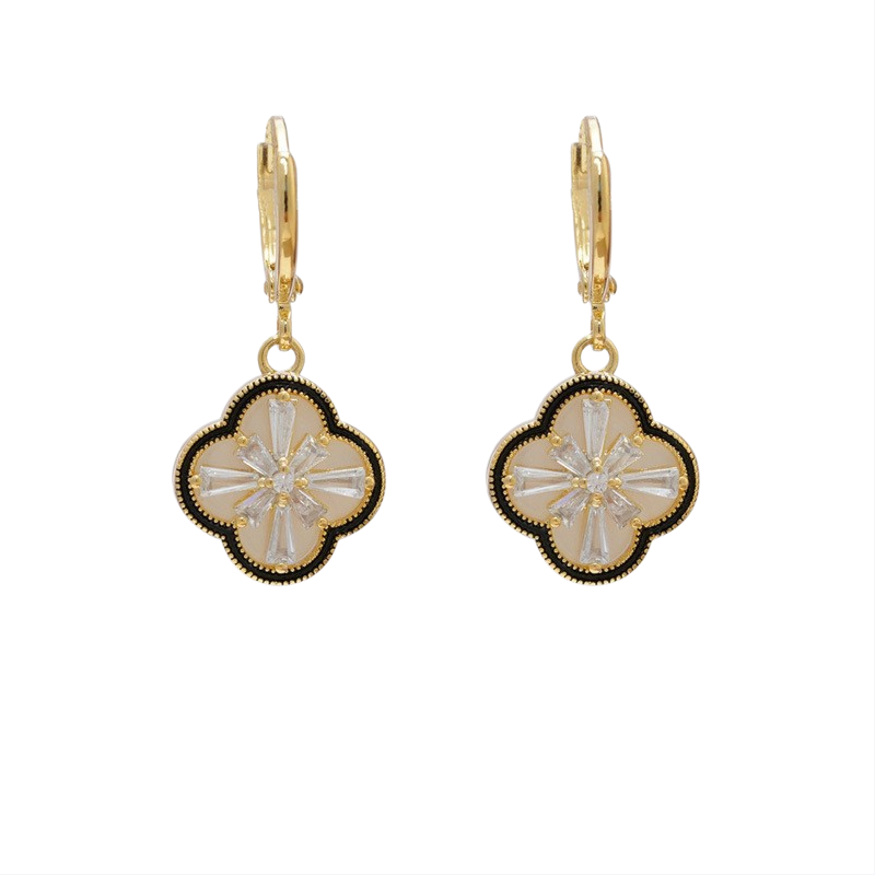 Vintage Enamel Clover Pave Diamond Hoop Earrings, Light Luxury Double Layer Shell Drop Dangles