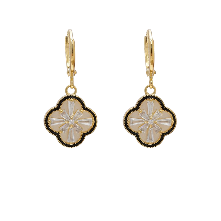 Vintage Enamel Clover Pave Diamond Hoop Earrings, Light Luxury Double Layer Shell Drop Dangles