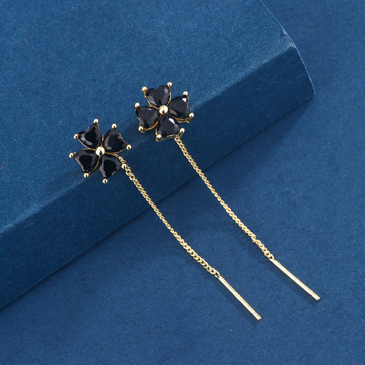 Black Agate Flower Threader Earrings (Vintage Gold Tone Drop Dangles)