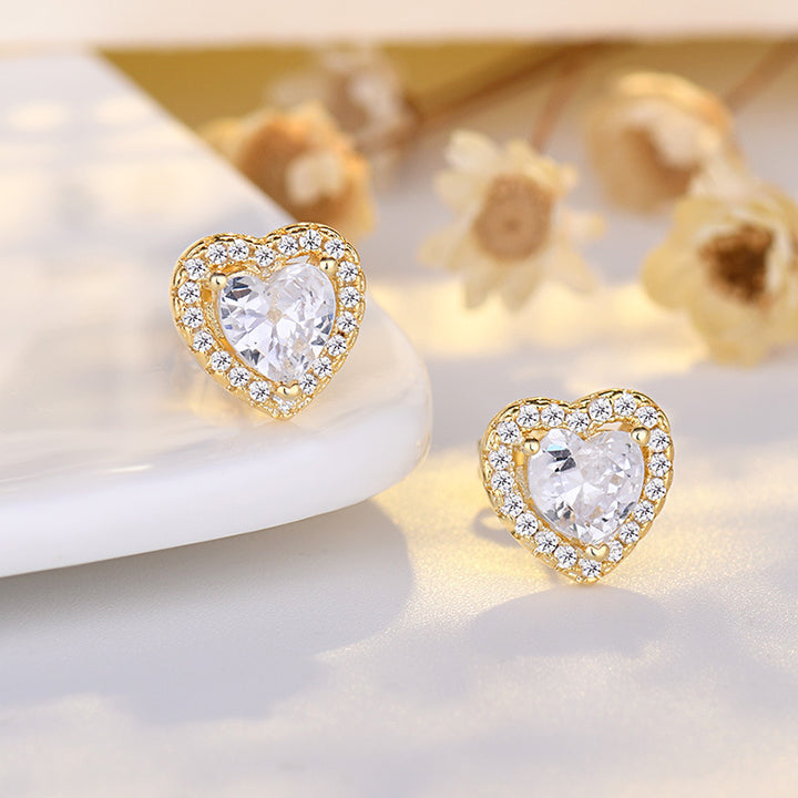S925 Silver Heart Halo Diamond Stud Earrings, Luxury Heart Shape Paved Earrings in Gold & Silver Two Tones