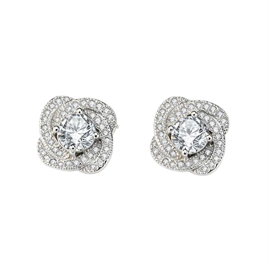 S925 Silver Spiral Halo Diamond Stud Earrings, Luxury Full Paved Flower Earrings for Women