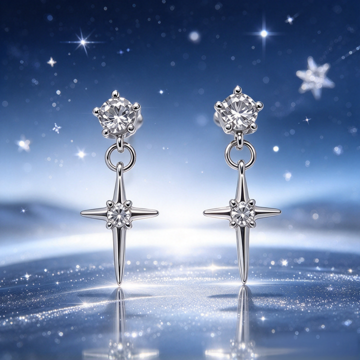 Star Drop S925 Silver Stud Earrings, Double Diamond Cross Star Dangle Earrings, Cool Luxury Unisex Earrings
