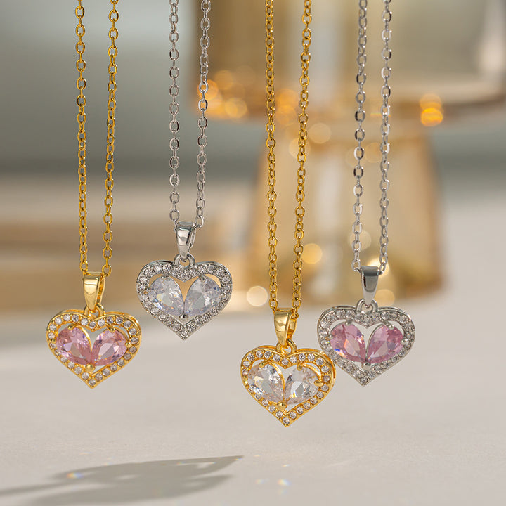 Two‑Stone Combined Heart Pendant Necklace, Multi‑Color Options