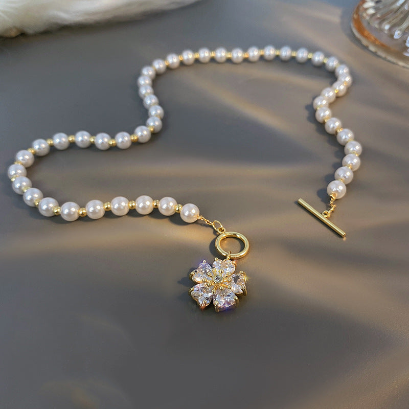 Pearl Beaded Pave Diamond Cherry Blossom OT Clasp Collarbone Necklace, Gentle Girly French Floral Pearl Chain