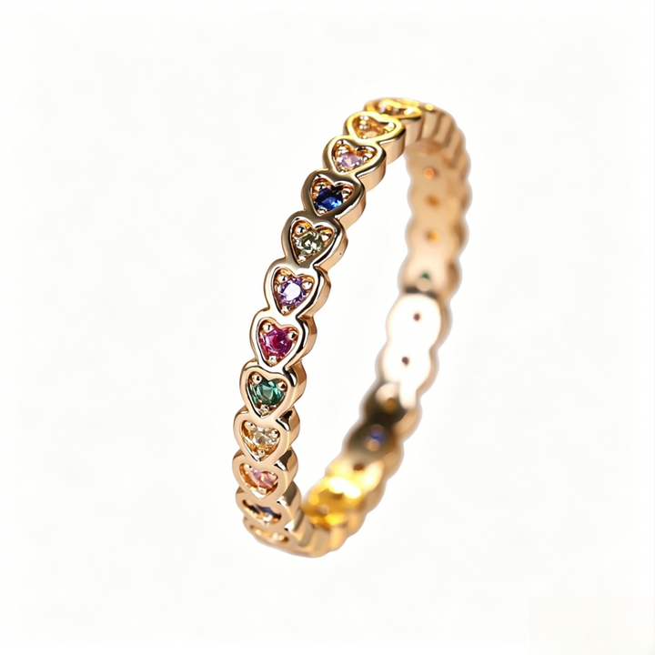 Heart Full Circle Colorful Diamond Eternity Ring, Gold & Silver Dainty Stackable Closed Band Ring for Women
