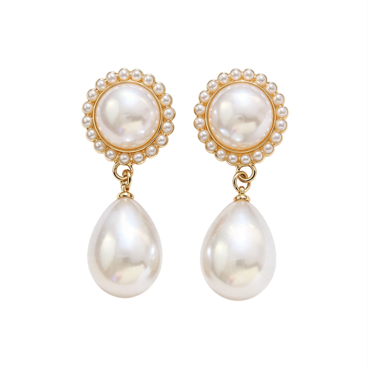 Vintage Round Teardrop Pearl S925 Silver Dangle Earrings, Palace Style Double Layer Pearl Drop Earrings, Elegant Earrings For Women