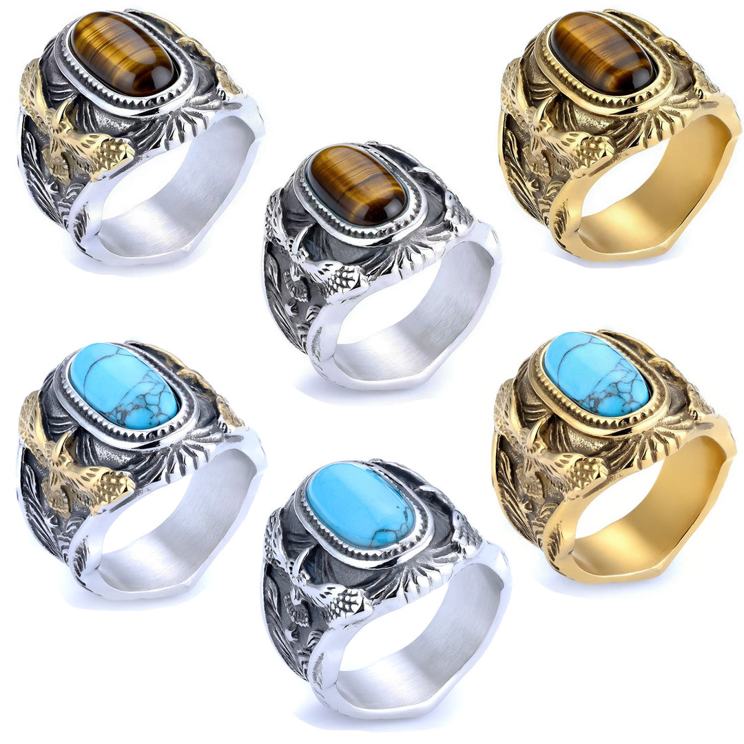 Western Style 3D Eagle Embossed Oval Gemstone Signet Ring, S925 Silver 3 Finishes Turquoise & Tiger Eye Vintage Wide Band For Men