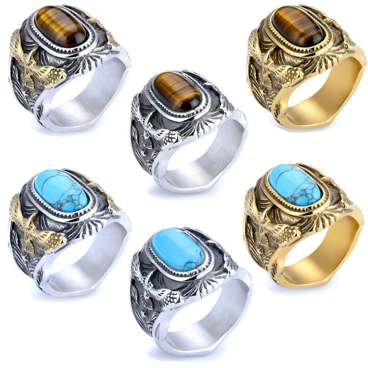 Western Style 3D Eagle Embossed Oval Gemstone Signet Ring, S925 Silver 3 Finishes Turquoise & Tiger Eye Vintage Wide Band For Men
