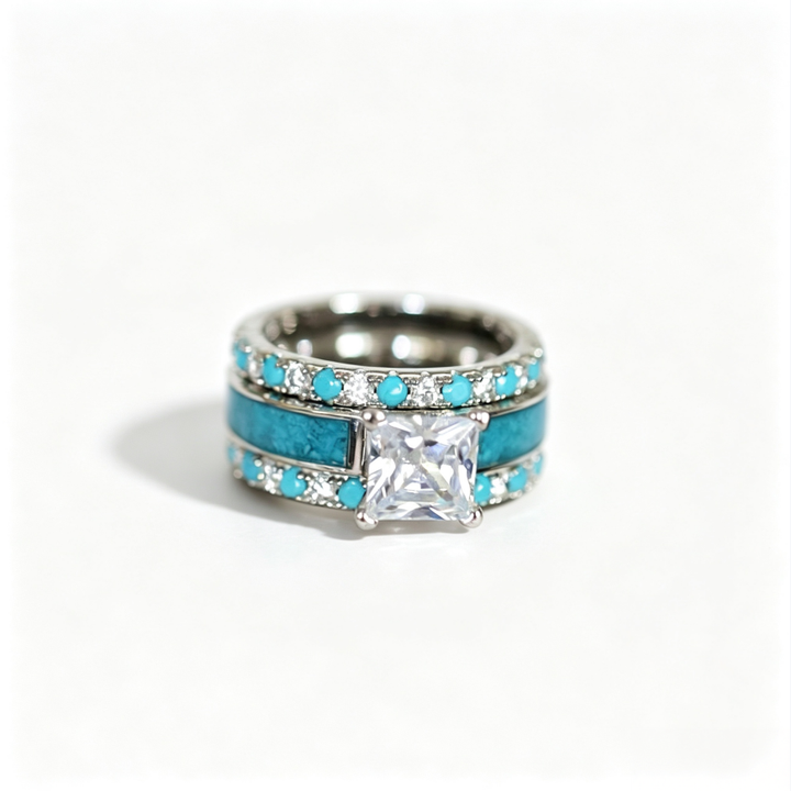 Princess Cut Diamond Turquoise 3-Piece Ring Set, Fresh Blue Stackable Rings, Luxury Women Stacking Band Set