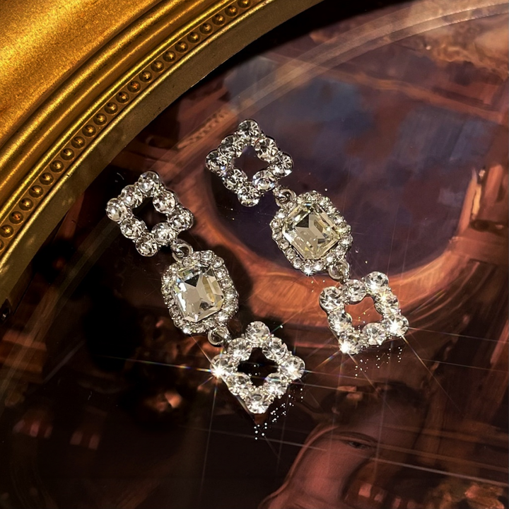 Vintage Stacked Square Diamond Long S925 Silver Dangle Earrings, Gorgeous Palace Style Square Diamond Drop Earrings