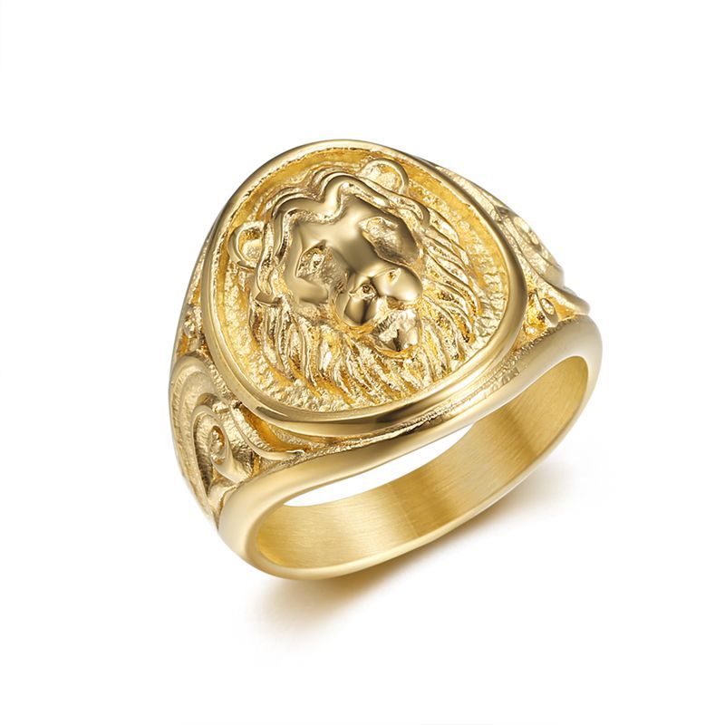 Vintage Embossed Lion Head Titanium Steel Wide Ring, Scroll Pattern Antique Bold Lion Statement Band for Men